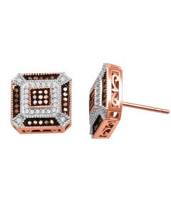 Cognac Diamond Rose Gold Stud Earrings 10mm Wide Square Screw Back 0.3ct 