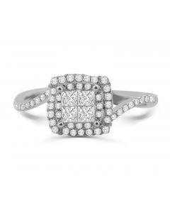 14K White Gold Engagement Ring Swirl Style Princess Cut Diamond Halo 9.5mm Wide