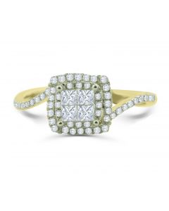 14K Gold Engagement Ring Swirl Style Princess Cut Diamond Halo 9.5mm Wide