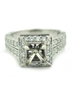 14K White Gold Semi Mount Wedding Ring 1.00ctw Side Diamonds Fits 1ct Solitaire Round or Princess 