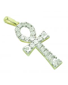 10K Gold Egyptian Cross Pendant Diamond Anch Charm 0.16ctw 1.5 Inch