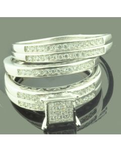 His and Her Trio Rings Set 1/2cttw Pave Set Simulated Diamonds Sterling Silver 3pc Set