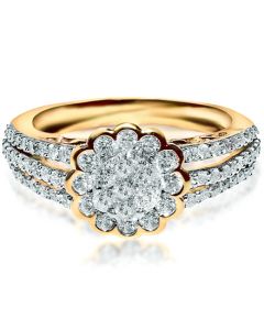 .96ctw Bridal Engagement Ring Yellow Gold Split Shoulder flower top halo vintage