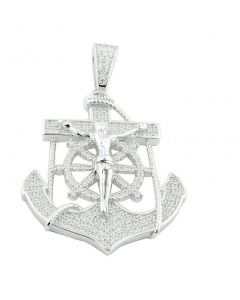 Anchor Charm Sterling Silver With Cz Mens 40mm Tall Anchor With Mariner Crucifix