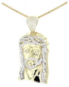 10K Yellow Gold Jesus Head Charm Pendant With Round Cubic Zirconia 