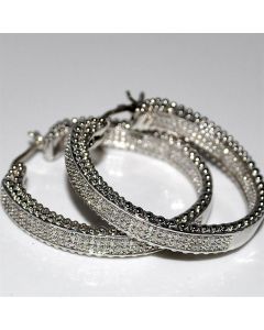 Diamond Hoop Earrings large 0.4ct Ornate Millgrain Style with Round diamonds 33mm big White Gold finish silver