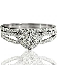 Princess Cut Wedding Rings set White gold Split shoulder Certified .75ct 2pc new