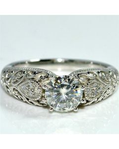 Moissanite & diamond Engagement Ring 14K White gold Solitaire Vintage 1.05ctw