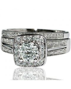 White Gold wedding Ring set Engagement ring and Band halo Diamond 1ct look new