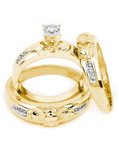 Caladdah RingsBride and Grooms Rings Wedding set his and her real diamond real Yellow gold 3 piece New 0.12ct