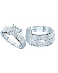 Bride and Grooms Rings Wedding set his and her real diamond real White gold 3 piece New 0.6ct
