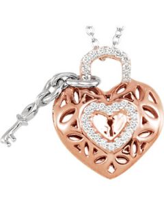 Heart and Key pendant and necklace set Sterling silver Rose gold finish with 18 inch necklace 0.166ct