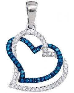blue diamond heart pendant twin hearts intertwining 0.2ct 10K White gold