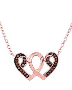 Rose gold hearts necklace Cognac brown diamonds twin hearts 0.10ct 10K