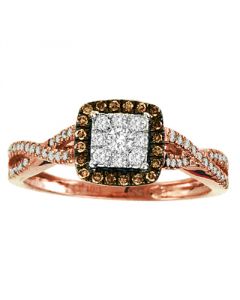0.33ct diamond 14K Rose gold Cognac and white ring woven sides Square top halo