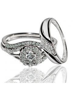 His and her trio wedding set round halo 0.35ct w diamonds White gold 3 piece new