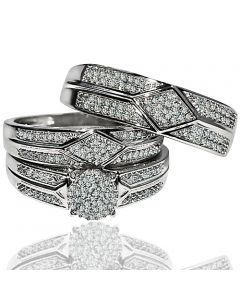 His and her wedding set trio 3 piece 0.5ct diamonds 10K white gold pave set