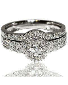 Wedding set Bridal 0.33ct w white gold Engagement ring matching band halo new