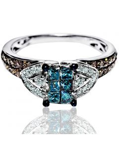 Blue diamond Engagement ring Princess cut cognac white accents .75ct White gold