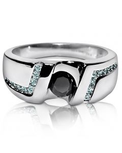 Mens wide wedding Ring band black and white diamonds 9mm 1ct w Solitaire center