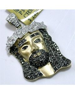 Gold Jesus face Pendant with Black diamonds Small 25mm 0.28ct 10K Gold religious