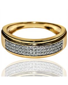 diamond band mens wedding ring 0.2ct 10K yellow gold domed 3 rows 6.7mm wide