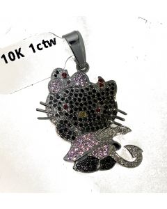 Custom Made Hello Kitty Charm 10K White Gold Black and White Diamonds With Pink