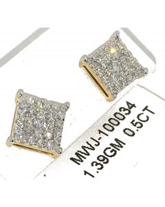 Diamond Earrings Real Gold 0.5ctw 10K Screw Back Square Shaped Cluster 7.5mm 