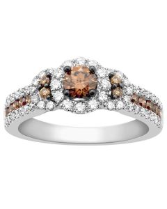 14K White Gold Cognac White Diamond Engagement Ring 0.99ctw 8mm Wide Halo