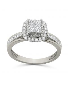 14K White Gold Engagement Ring 0.50ct w Princess Cut Diamond Halo Style