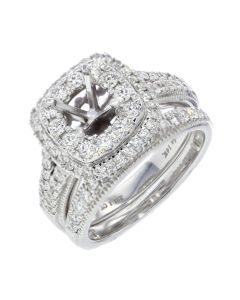 14K White Gold Bridal Set Semi Mount 1.00ctw Diamond Ring Setting Double Halo