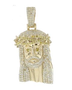 10K Yellow Gold Jesus Face Charm With Canary crown & Eyes 1.14Ct Diamonds 36mm Long 18mm Wide
