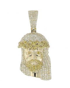 10k Yellow Gold Canary Stones Jesus Head Charm With 1.31Ct Diamonds 38mm Long 17mm Wide