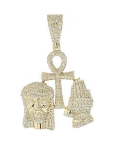 10K Yellow Gold Religious Ankh With Jesus Head and Praying Hands 1.02Ct Diamonds 38mm Long 24mm Wide