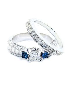 1.65ct Diamond Bridal Wedding Rings Set Blue White Princess Cut Diamonds 2pc Set