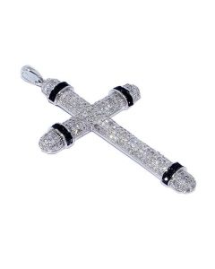 Cross with Diamonds for Men Sterling Silver 45mm Tall Black White Diamonds 1.25ct