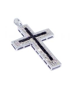 Black and White Diamond Cross Pendant 0.74ctw Diamonds Sterling Silver 38mm Tall