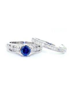 1.23ct Blue and White Diamond Vintage Bridal Rings Set 8.5mm Wide 10K White Gold