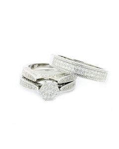 Wedding Rings Set Silver CZ Trio Set 12mm Wide His and Her Rings