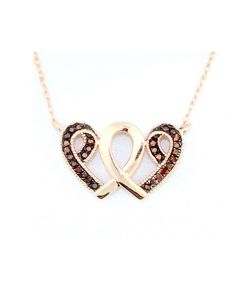Cognac Diamond Twin Heart Pendant Rose Gold 0.1ct 10K With 18inch Necklace Set 11X18mm Size