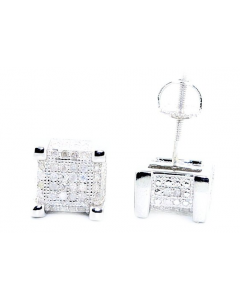 Cube Shaped Diamond Mens Stud Earrings Sterling Silver 8mm Wide Screw Back 0.3ctw