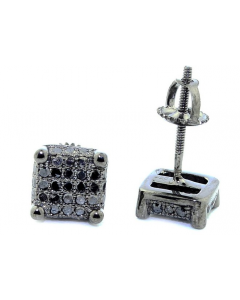 Balck Diamond Earrings Mens Cube Shaped Sterling Silver Screw Back 7mm Wide 0.38ctw