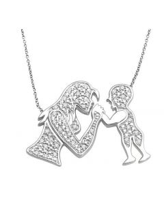 Mothers Day Necklace Mother and Child 10K White Gold 18 inch Chain 0.1ctw Diamond