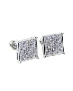 10K White Gold Mens Diamond Earrings Screw Back 0.2ct 9.5mm Wide Princess Cut Style Pave