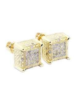 0.3ct Diamond Earrings Cubes 10K Yellow Gold Square 9mm Wide Screw Back Mens Earrings