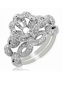 10K White Gold Semi Mount Birdal Wedding Ring Set Fits 1ct Round Solitaire 0.75ctw Diamonds