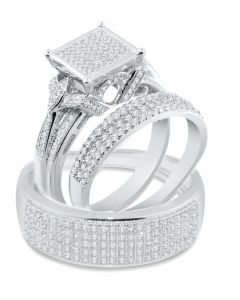 1.00ct w Diamond His and Her Trio Rings Set 10K White Gold 