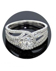 10K White Gold Engagent Ring 0.75ct Diamonds Round Center Swirl Style Wide Band