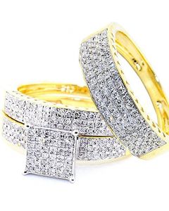 1cttw His and Her Trio Rings Set 18K Yellow Gold Square Shaped Pave Square Top 3pc Set 