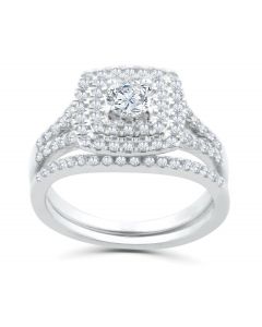 1.00ctw Cushion Halo Diamond Engagement Wedding Ring Set 14K White Gold